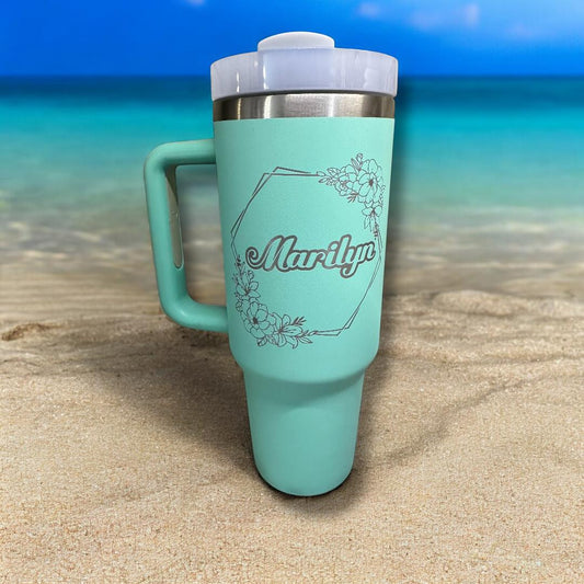 Personalized 40 oz. Insulated Tumbler with Handle – Custom Floral Name Design