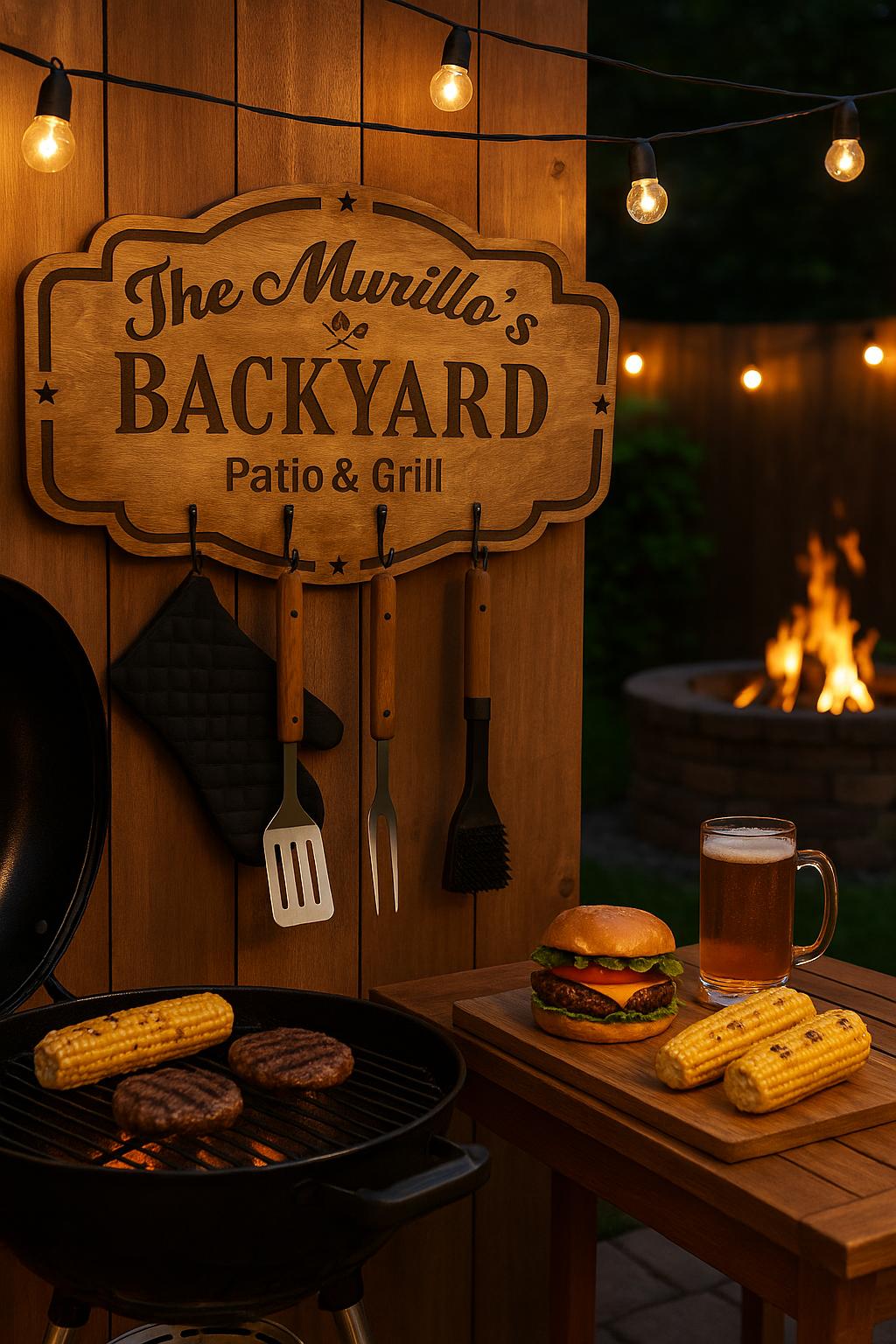 3D Personalized Layered Backyard Patio & Grill Sign – Custom Outdoor BBQ Wall Decor with Utensil Hooks