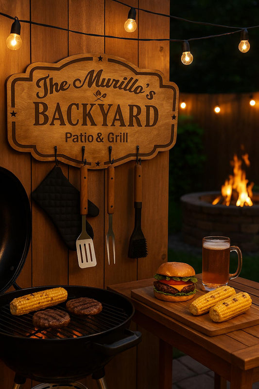 3D Personalized Layered Backyard Patio & Grill Sign – Custom Outdoor BBQ Wall Decor with Utensil Hooks