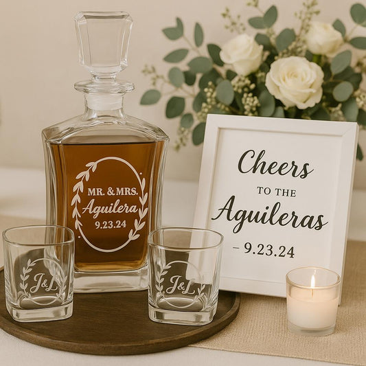 Personalized Whiskey Decanter Set- Personalized 3-Piece Whiskey Decanter Set-26 0z. with 2 Engraved Lowball Glasses