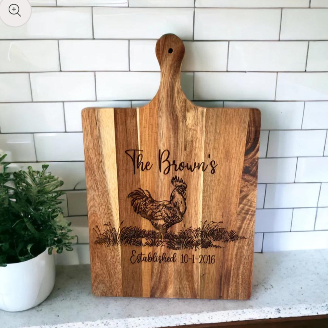 Farmhouse- Style Personalized Acacia Wood Cutting Board – Rooster Design With Family Name and Established Date