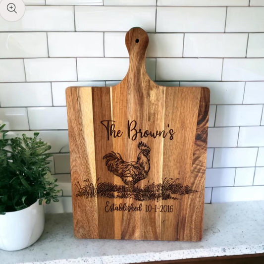 Farmhouse- Style Personalized Acacia Wood Cutting Board – Rooster Design With Family Name and Established Date