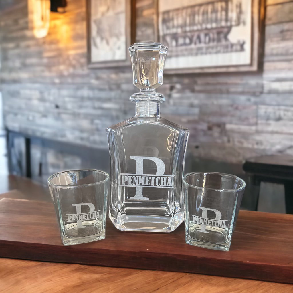 Personalized Whiskey Decanter Set- Split Monogram Design