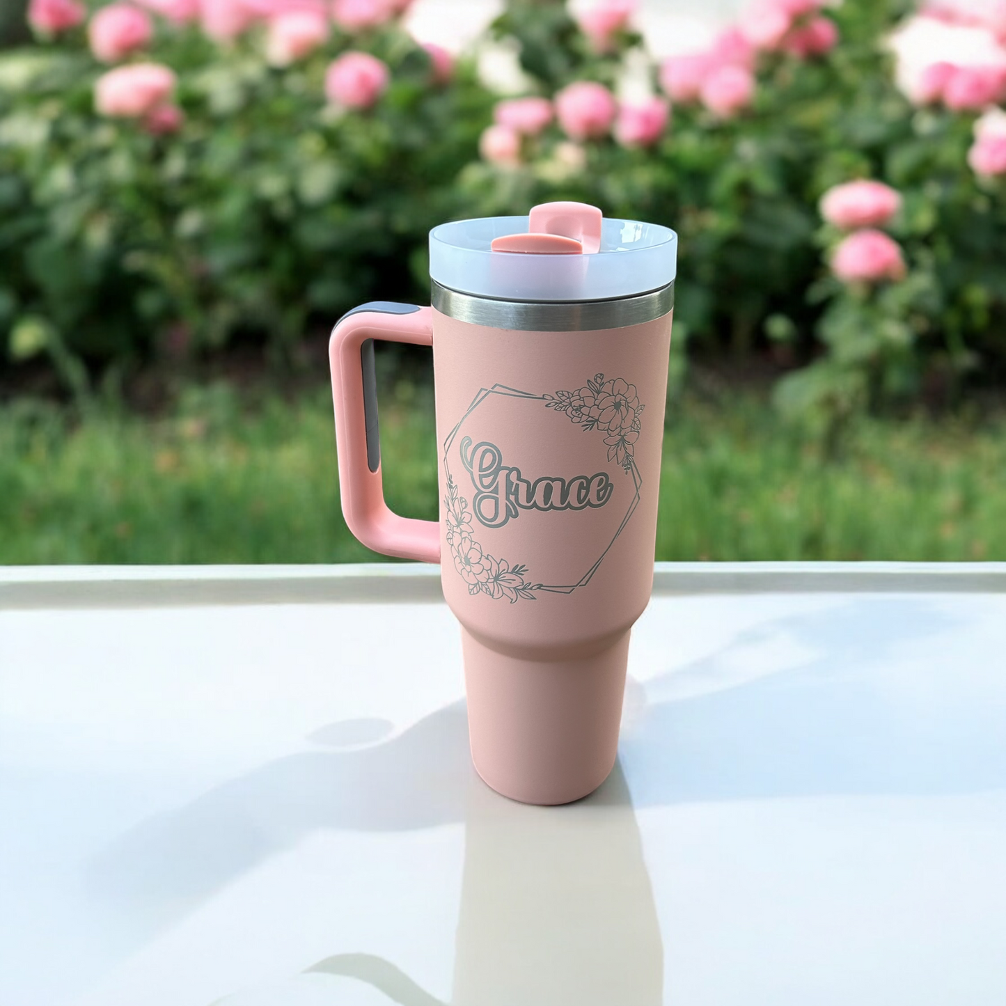 Personalized 40 oz. Insulated Tumbler with Handle – Custom Floral Name Design