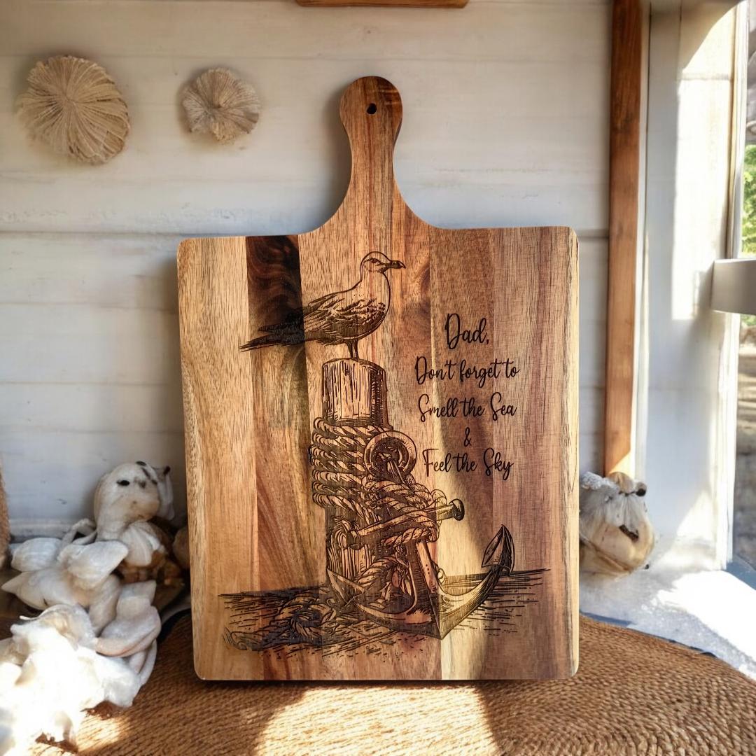 Personalized Nautical Acacia Wood Cutting Board – “Smell the Sea & Feel the Sky”