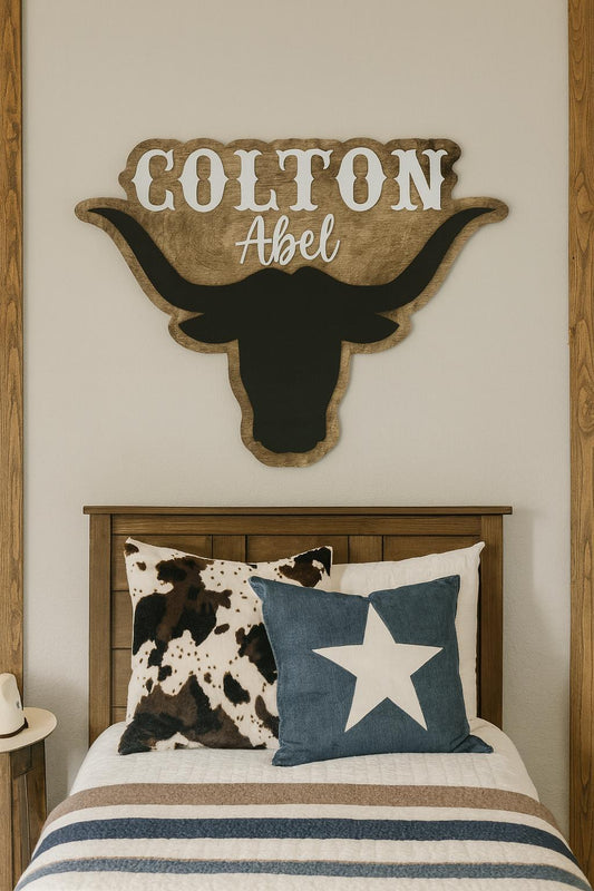 Western Themed 3D Personalized Name Sign –Longhorn Wall Décor for Boys’ Rooms or Nurseries
