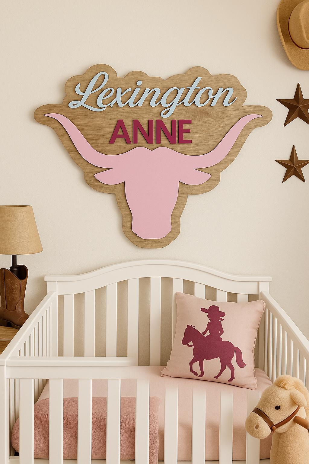 Western Themed 3D Personalized Name Sign –Longhorn Wall Décor for Boys’ Rooms or Nurseries