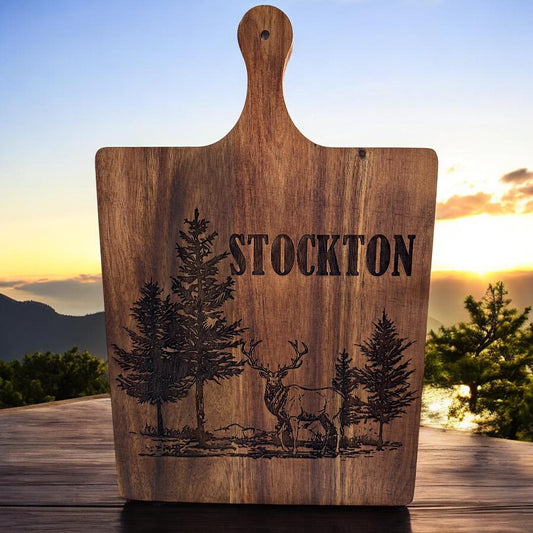 Personalized Deer & Forest Engraved Acacia Wood Cutting Board – For Hunters, Nature Lovers & Rustic Kitchens