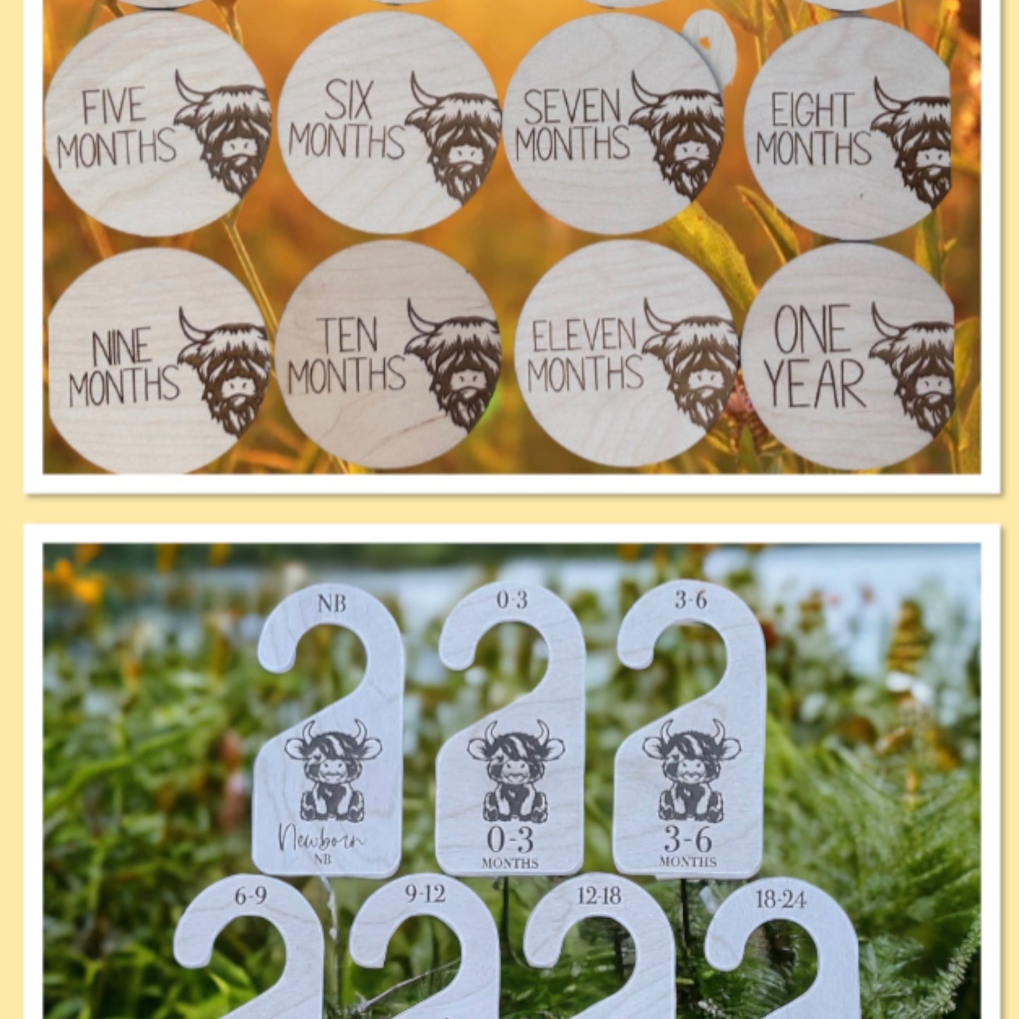 Highland Cow Baby Vital Statistics, Monthly Milestones Markers and Baby Closet Clothes Divider Hangers.