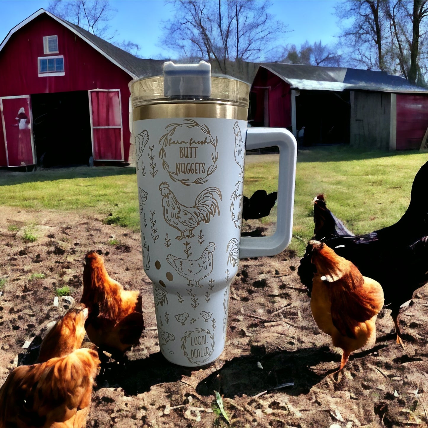 Chicken Themed 40 oz. Engraved Insulated Tumbler “Farm Fresh Butt Nuggets.”